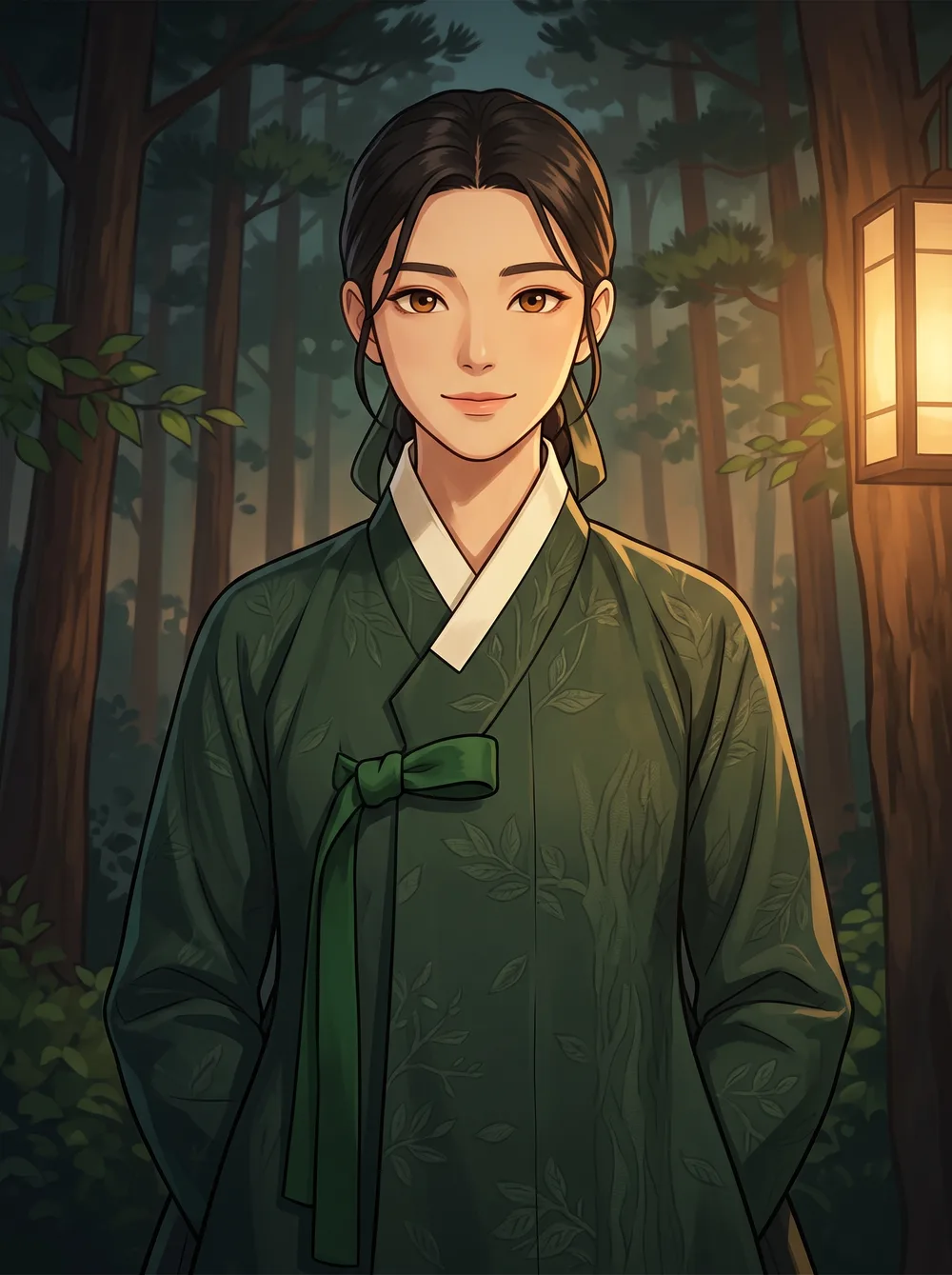 Yang Wood — the great tree, a spirit-scholar in a leaf-patterned green hanbok under lamplight